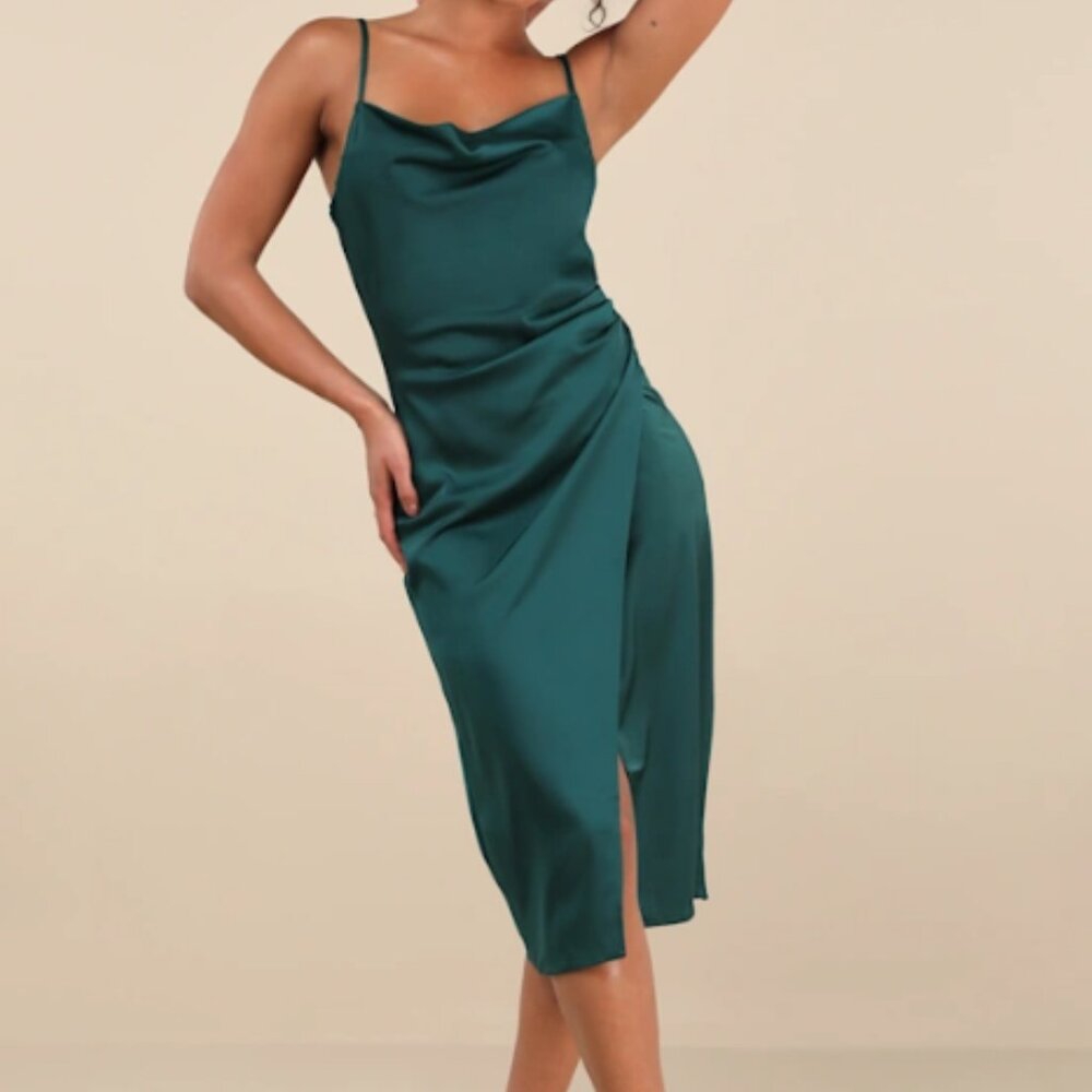 Hollywood Woman Forest Green Satin Midi Dress